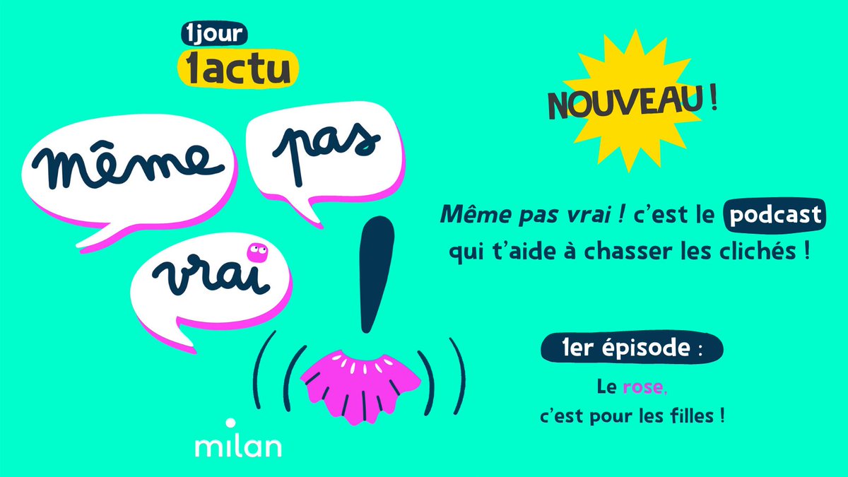 MilanJeunesse's tweet photo. [PREMIER ÉPISODE DU #PODCAST jeunesse] "Le rose, c'est pour les filles !"
👉 https://t.co/taHj1pZuzC
🔊 RDV sur @1jour1actu.com pour écouter tous les épisodes de l’émission "Même pas vrai !", sur les #stéréotypes de #genre réalisés avec des enfants pour les #enfants dès 7 ans ! https://t.co/p788sSDDNa