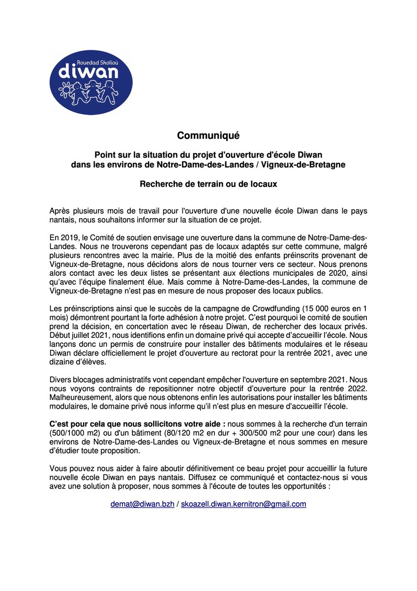 Point sur la situation du projet d'ouverture d'école #Diwan vers #NotreDameDesLandes / #VigneuxDeBretagne.

Recherche de terrain ou de locaux

Après plusieurs mois de travail pour l'ouverture d'une nouvelle école <a href="/Diwan/">Diwan</a> dans le pays nantais, nous souhaitons [...] ⤵️

#BZHG #NDDL