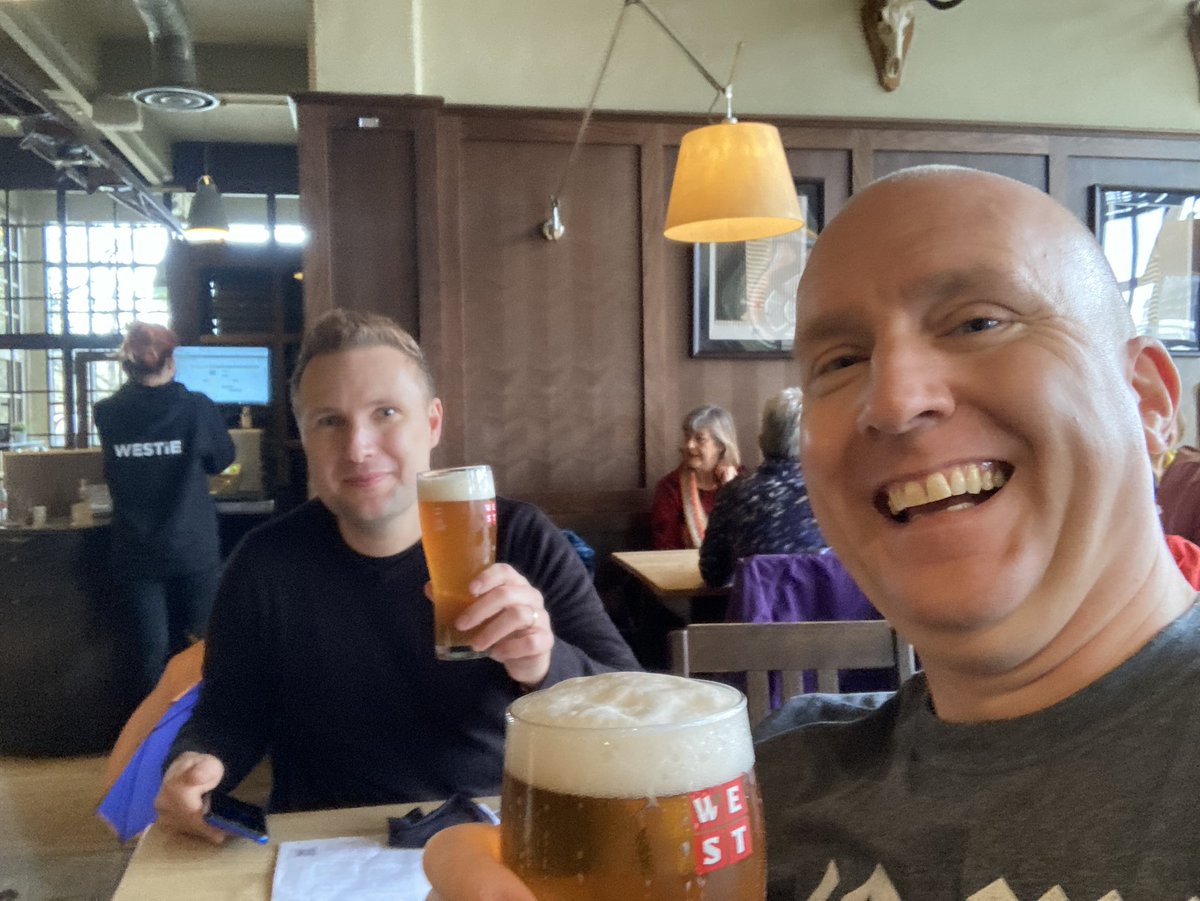 s77tux's tweet photo. First #BeerForToday! Sat in @Westbeer having a #Feierabend for me, #G40 for Bob… now just have to await the kitchen opening so as to order Wiener Schnitzel and Bavarian Goulash! #Prost #Slàinte #NowDrinking https://t.co/iWgXeaSF8M