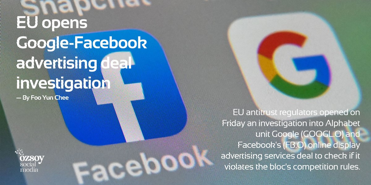 ozsoymedia's tweet photo. The European Commission said the investigation will focus on a 2018 deal between Facebook and Google dubbed Jedi Blue that may thwart ad tech rivals and restrict competition.
— By Foo Yun Chee
https://t.co/3cy8P4oAMP https://t.co/AQRaFCPJqb