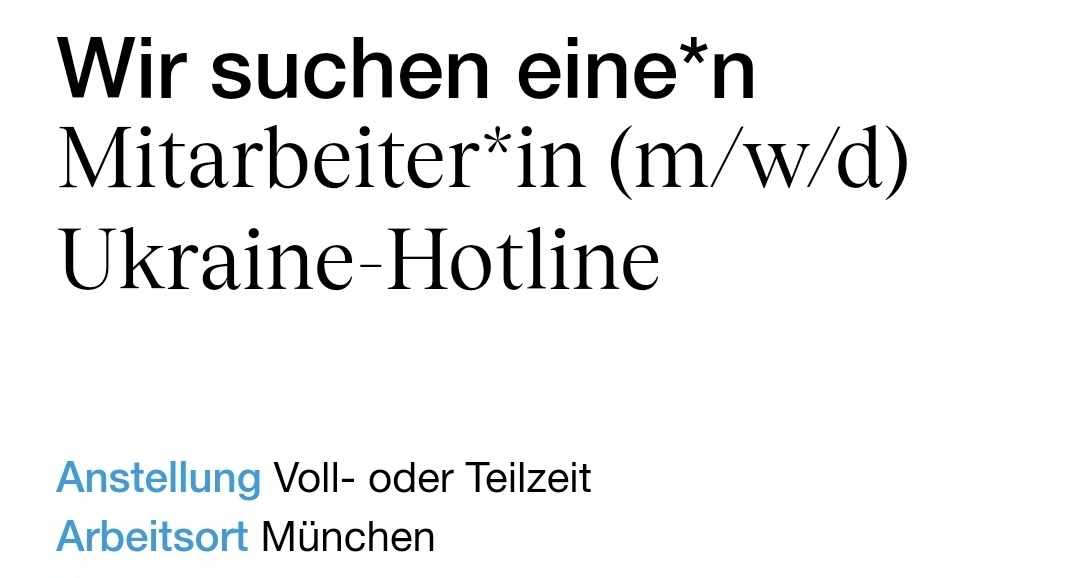 Für unsere zentrale #Ukraine-Beratungshotline für #München suchen wir Verstärkung. Wenn Du (idealerweise) Beratungserfahrung hast und Sprachkenntnisse in ukrainisch/russisch und/oder englisch, melde Dich bei uns. #Diakonie

Stellenausschreibung ⬇️
…akonie-flucht-migration.softgarden.io/job/16729297?l…