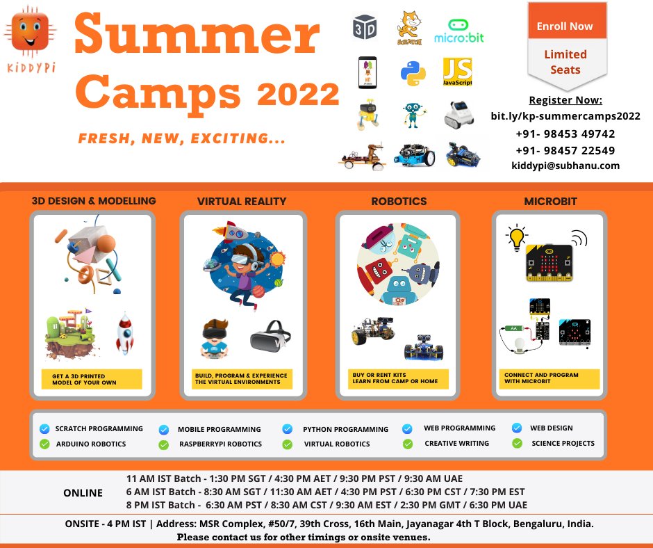 kiddypi1's tweet image. ⭐ STEM 𝗦𝘂𝗺𝗺𝗲𝗿 𝗖𝗮𝗺𝗽𝘀, 2022 - 𝗞𝗶𝗱𝗱𝘆𝗣𝗶 ⭐
ONLINE & OFFLINE
𝗔𝗴𝗲 𝗴𝗿𝗼𝘂𝗽𝘀: 6-7, 8-10, 11-16
Hurry Up and Register Now!!
bit.ly/kp-summercamps…
𝗪𝗵𝗮𝘁𝘀𝗮𝗽𝗽 𝗼𝗿 𝗰𝗮𝗹𝗹📞
+91-98453-49742
+91-98457-22549
𝗘𝗺𝗮𝗶𝗹📧
kiddypi@subhanu.com