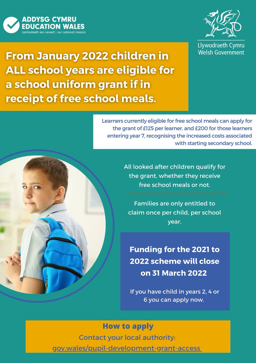 From January 2022 children in ALL school years are now eligible for a school uniform grant if in receipt of free school meals.

gov.wales/pupil-developm…   
Apply before 30 June for this year’s scheme.