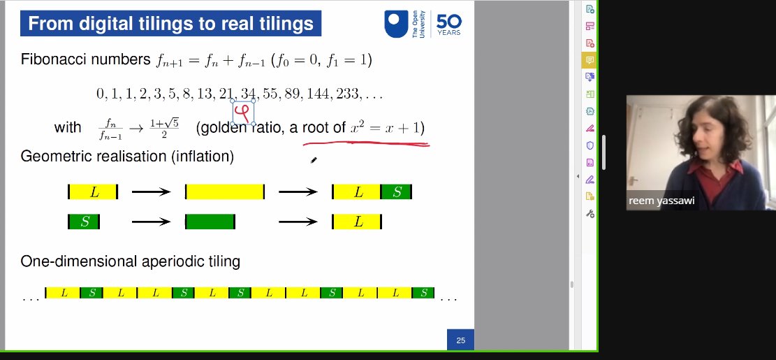 OUMathsStats's tweet photo. Fascinating session on aperiodic tilings with Reem Yassawi for today's #OUmasterclass https://t.co/aXwVOLHS35