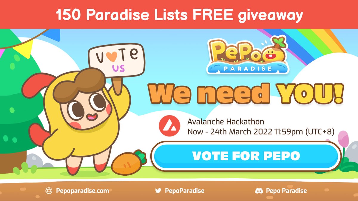 🔔VOTE TO WIN PARADISE LIST🔔

150 Paradise list spots will be raffled to those who vote for PEPO Paradise in #Avalanche  Hackathon@Asia
<a href="/DoraHacks/">DoraHacks</a> <a href="/AVATAR_AVAX/">Avatar</a>

🔗Complete the tasks now:
bit.ly/3hZirmU
🗳️Voting guide:
bit.ly/3vYqQ2f

#Feed2Earn #NFT #Petaverse