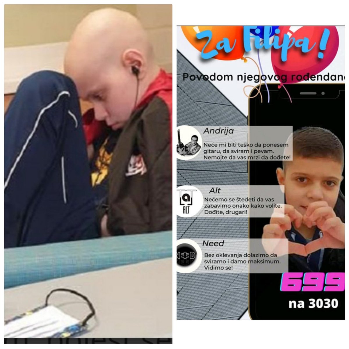 Auuh. Ljudi, pretužan sam. Opet dete, opet bolest. 
I opet je na nama da probamo da spasemo život. 
Molim vas da ispratite niz i pomognete ko koliko može.
Smederevci, svi na žurku da bar na tren vidimo osmeh na Filipovom licu.  A mi, telefon u ruke, 699 na 3030 ili na račun⬇️