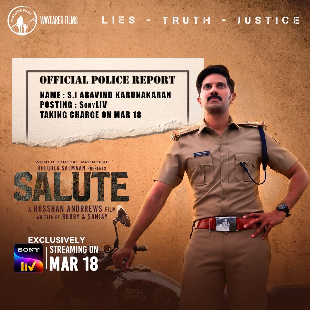 ursniresh's tweet photo. A stubborn officer who refuses to give up. A case that seems destined to be unsolved. Salute, releasing on SonyLiv on March 18.

𝗦𝗔𝗟𝗨𝗧𝗘 𝗙𝗥𝗢𝗠 𝗠𝗔𝗥𝗖𝗛 𝟭𝟴𝗧𝗛

#SaluteOnSonyLIV @dulQuer 
@sonyLiv @DianaPenty 
#DulquerSalmaan #Salute https://t.co/h1S2PP0GvA