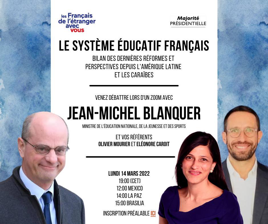 EnMarcheAmlat's tweet photo. @EnMarcheAmlat organise ce lundi 14/03 une réunion en ligne en présence de @jmblanquer L’événement débutera à 19h (heure de Paris).                      

📲Pour participer à l’événement, merci de s’inscrire en cliquant sur le lien suivant : https://t.co/QYKt6gjRSI… https://t.co/5ZbAzZUh0M