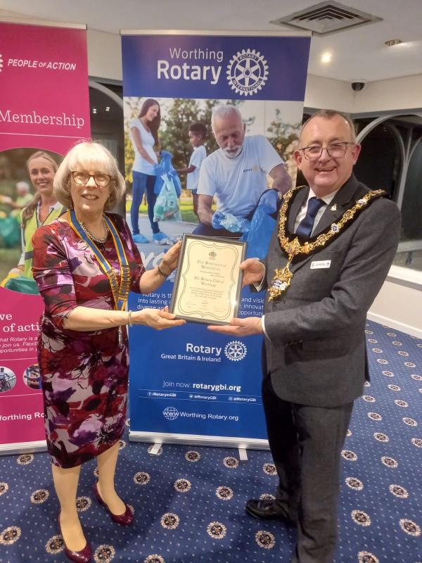 The Mayor and Mayoress of Worthing met with Worthing Rotary Club to help commemorate their centenary year. Councillors Lionel and Karen Harman attended a celebration dinner on behalf of Worthing Borough Council where they delivered a gift to the club president, Sally Nowak.