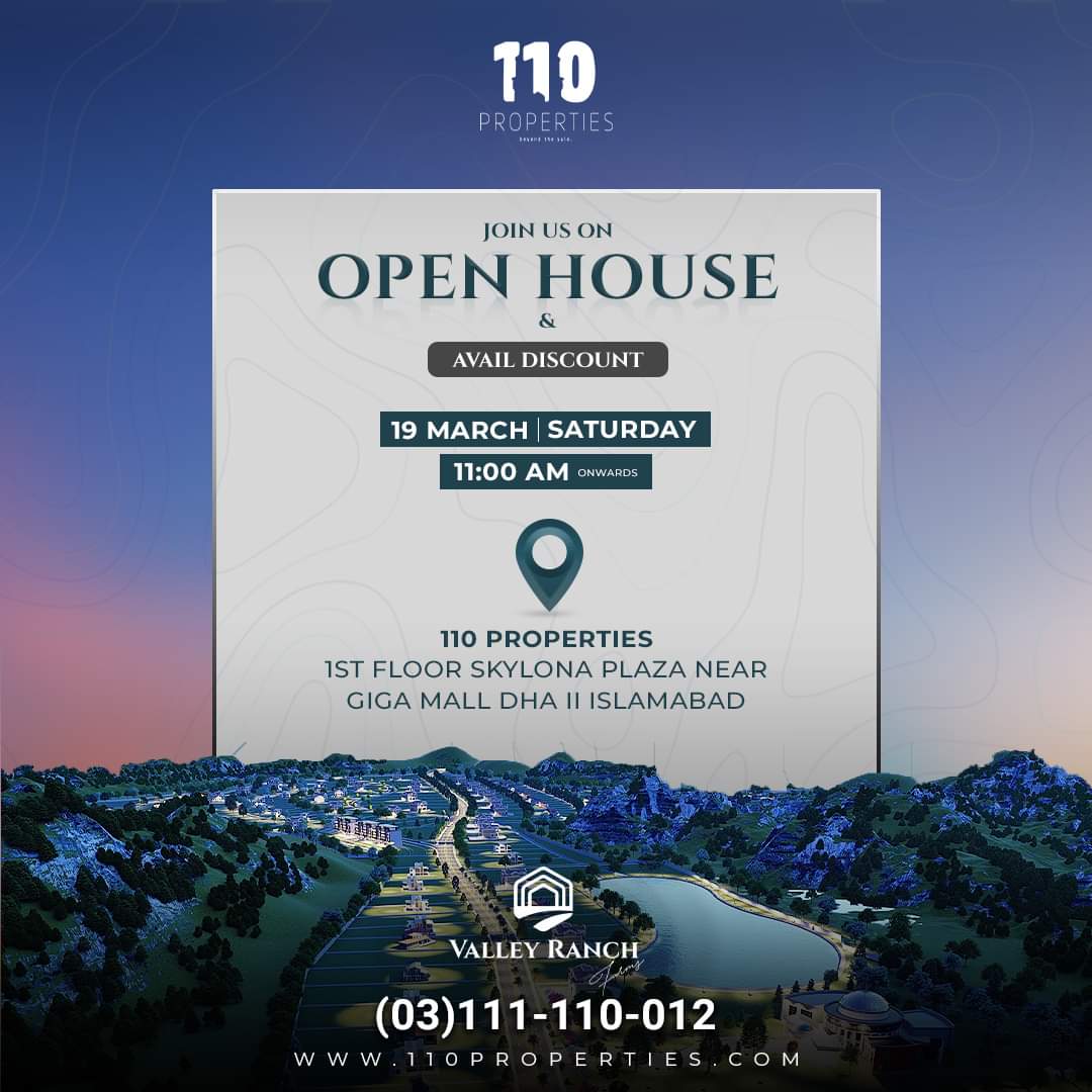 110properties's tweet photo. #110Properties wholeheartedly invites you to Open House on 19th March, 2022. Don't miss this amazing opportunity to get to know about our incredible projects and get a chance to meet our super talented team at our very own beautiful office.
#ValleyRanch https://t.co/JJo8TFbAhK