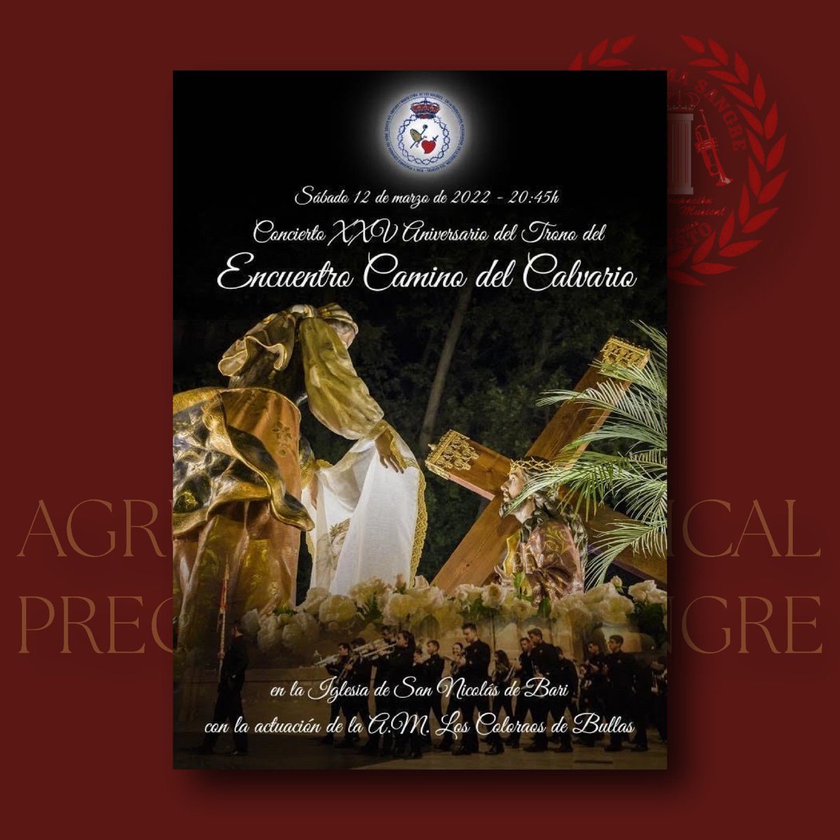 🗓| En la tarde de hoy, nos desplazamos hasta Murcia, donde pondremos nuestra música en el concierto organizado por la <a href="/cofradia_amparo/">Cofradía del Amparo</a> en honor al XXV Aniversario del trono del Encuentro. ♥️

¡Os esperamos en la Iglesia de San Nicolás de Bari a partir de las 20:45h! 🎶