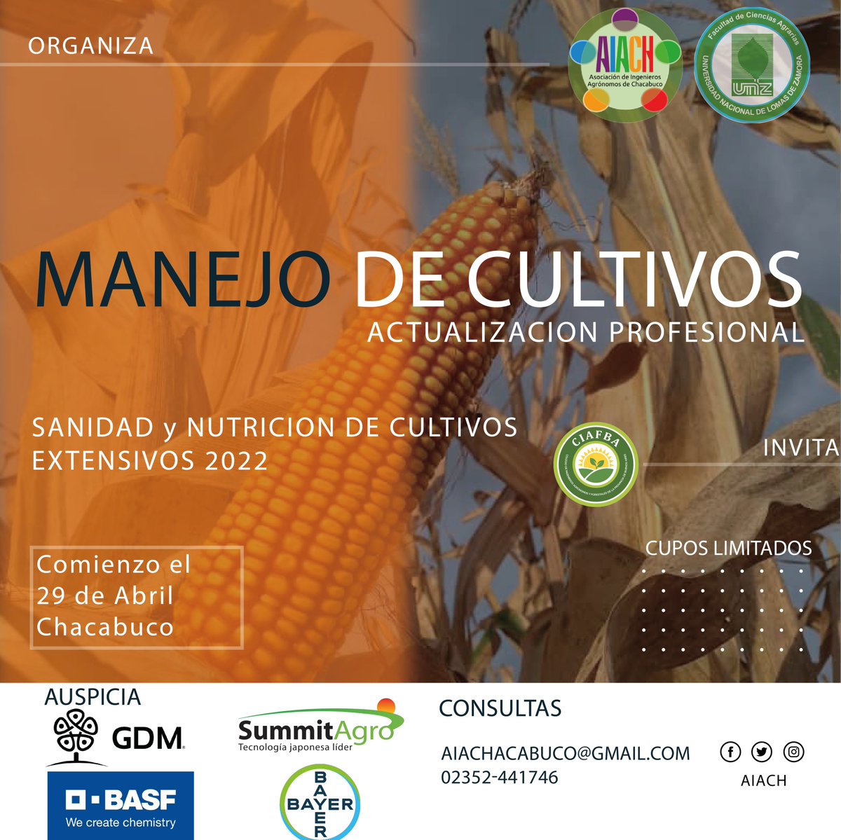aiach2015's tweet photo. Comienzo 29 de Abril-Cupos Limitados
ACTUALIZACION PROFESIONAL EN NUTRICION Y SANIDAD DE CULTIVOS EXTENSIVOS 2022
🌱Modalidad: Presencial 
#AIACH #Manejo #Cultivos #TEcnologia #SAnidad #Nutricion #Profesionales https://t.co/rlKfpR8FtW