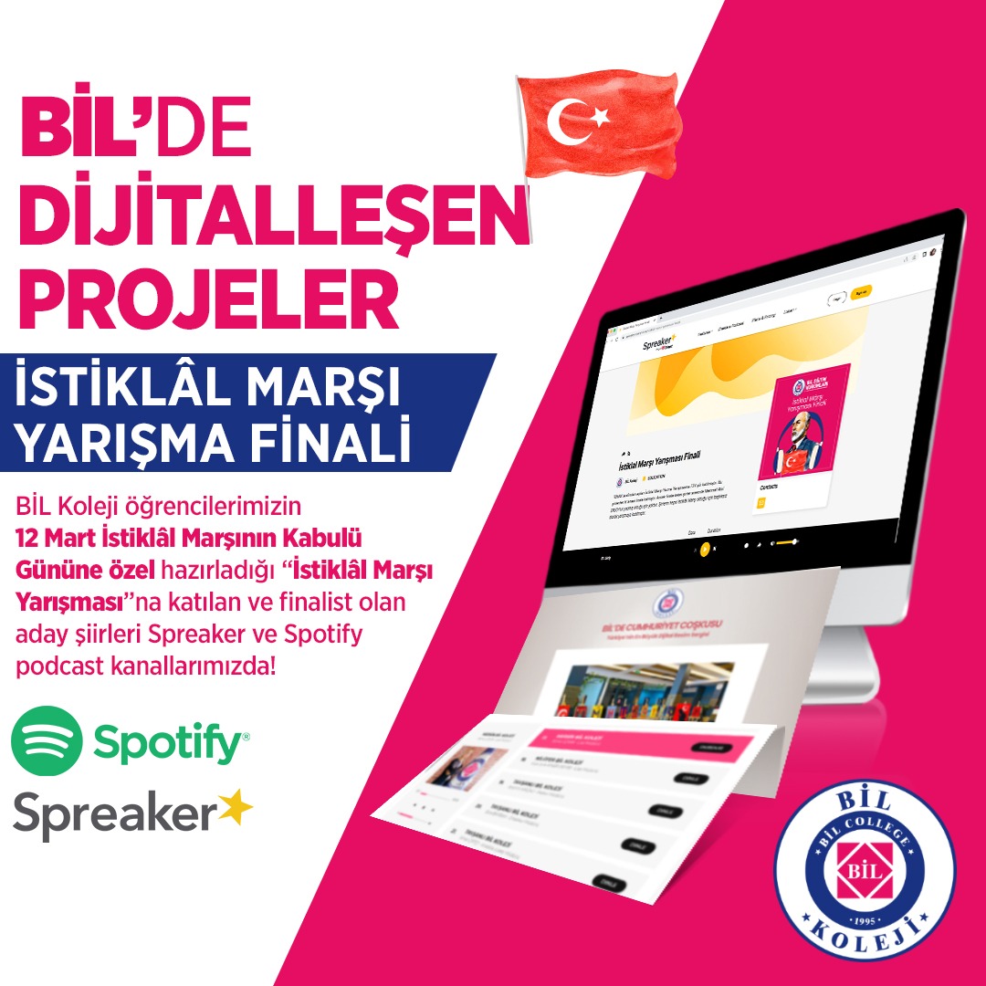 bilgunesli's tweet photo. 𝗕𝗶𝗟'𝗗𝗘 
𝗗𝗶𝗝𝗶𝗧𝗔𝗟𝗟𝗘𝗦𝗘𝗡 𝗣𝗥𝗢𝗝𝗘𝗟𝗘𝗥

İSTİKLAL MARŞI YARIŞMA FİNALİ

BİL Koleji öğrencilerimizin #12Mart #istiklalmarşınınkabulü gününe özel seslendirdiği finalist olan aday şiirleri podcast kanalımızdan dinleyebilirsiniz. 👇
https://t.co/RIwVyz8wpl https://t.co/LGnaVtC6K5
