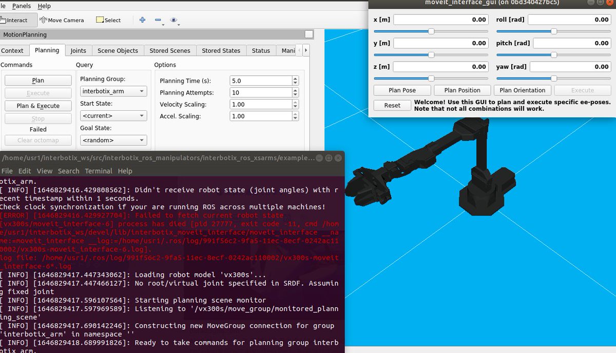 ecotoeco's tweet photo. なんとかdocker(noetic)でもinterbotix_ros_xsarmsがビルドできたっぽい。がmoveitが動かない。dockerはサポートしてないのでもうちょっとやる必要ありそう。
#interbotix #ros #Docker #noetic https://t.co/XKnclAFp7c