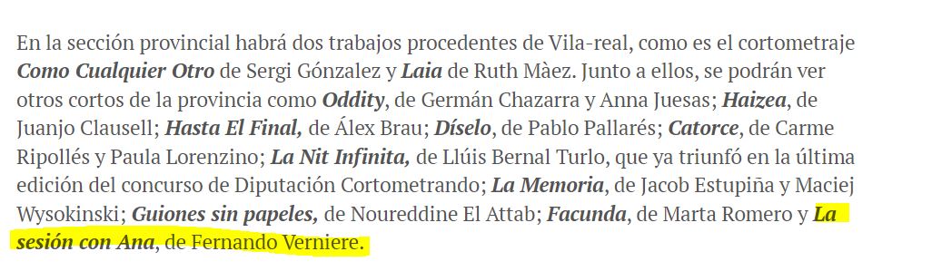 Si vais a pasaros por <a href="/vistfestival/">VIST - Festival Internacional de Cine de Vila-real</a> de Villareal mi cortometraje "La sesión con Ana" protagonizado por <a href="/Rocioparra88/">Rocío Parra Sánchez</a> con música de <a href="/gaahss/">Jose Gas</a> ha sido seleccionado en la sección provincial. ¡Os espero allí!