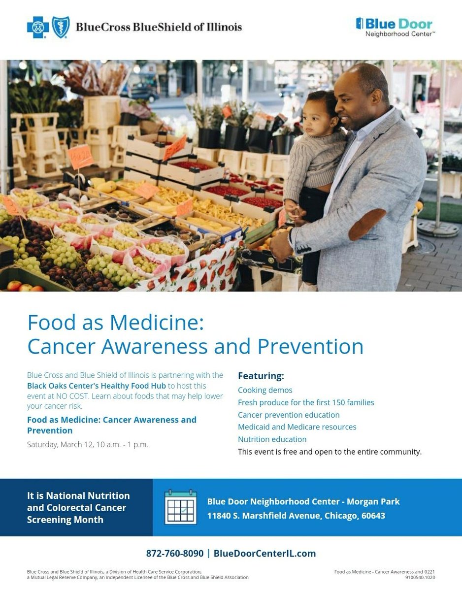 LmarieAsad's tweet photo. Today, is the day!! Don't miss "#Food As Medicine: Cancer Prevention & Awareness" event at #BlueDoorCenterIL 11840 S. Marshfield, 10AM. Healthy cooking demos, #HealthChoiceIllinois resources as well as fresh produce to take home via @blackoakscenter.
@BCBSIL
#BlueCrossCommunity https://t.co/qncXdQGbaE