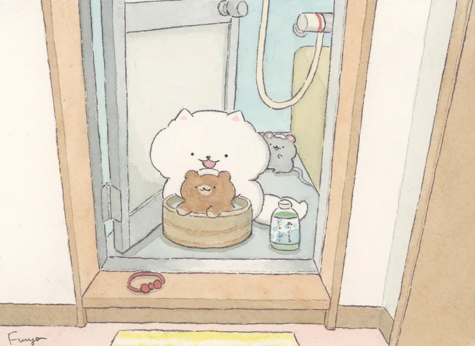 くまちゃんを洗ってあげるぽんちゃん 