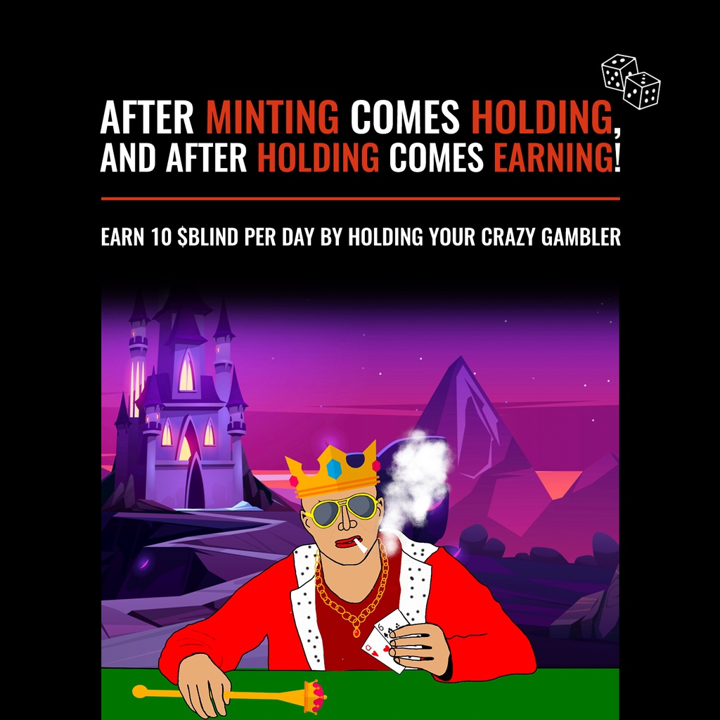 crazy_gamblers's tweet photo. 🤑💰After minting comes holding! And after holding comes EARNING! Earn 10 $Blind a day per dag by holding your Crazy Gambler💰🤑
Join our Discord https://t.co/HCk3KxhjDE #NFTlaunch #NFTs #NFTcollectables #NFTcommunity #bitcoin #hype #ethereum #opensea #nftmint #nftartist https://t.co/Dkk00yoWf0