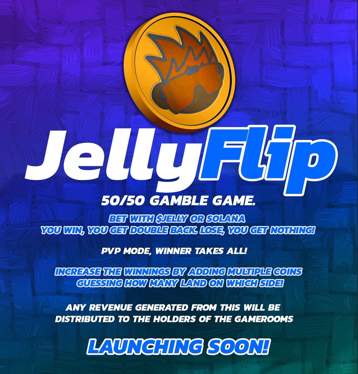 JellyCoNFT's tweet photo. ANOTHER UTILITY?!

Our team is currently putting together JellyFlip! 

I mean, $JELLY is going to have more utility than fiat in a few months 😂🚀

#SolanaNFTs #NFT #NFTs #NFTartist https://t.co/9FgZw6kHqj