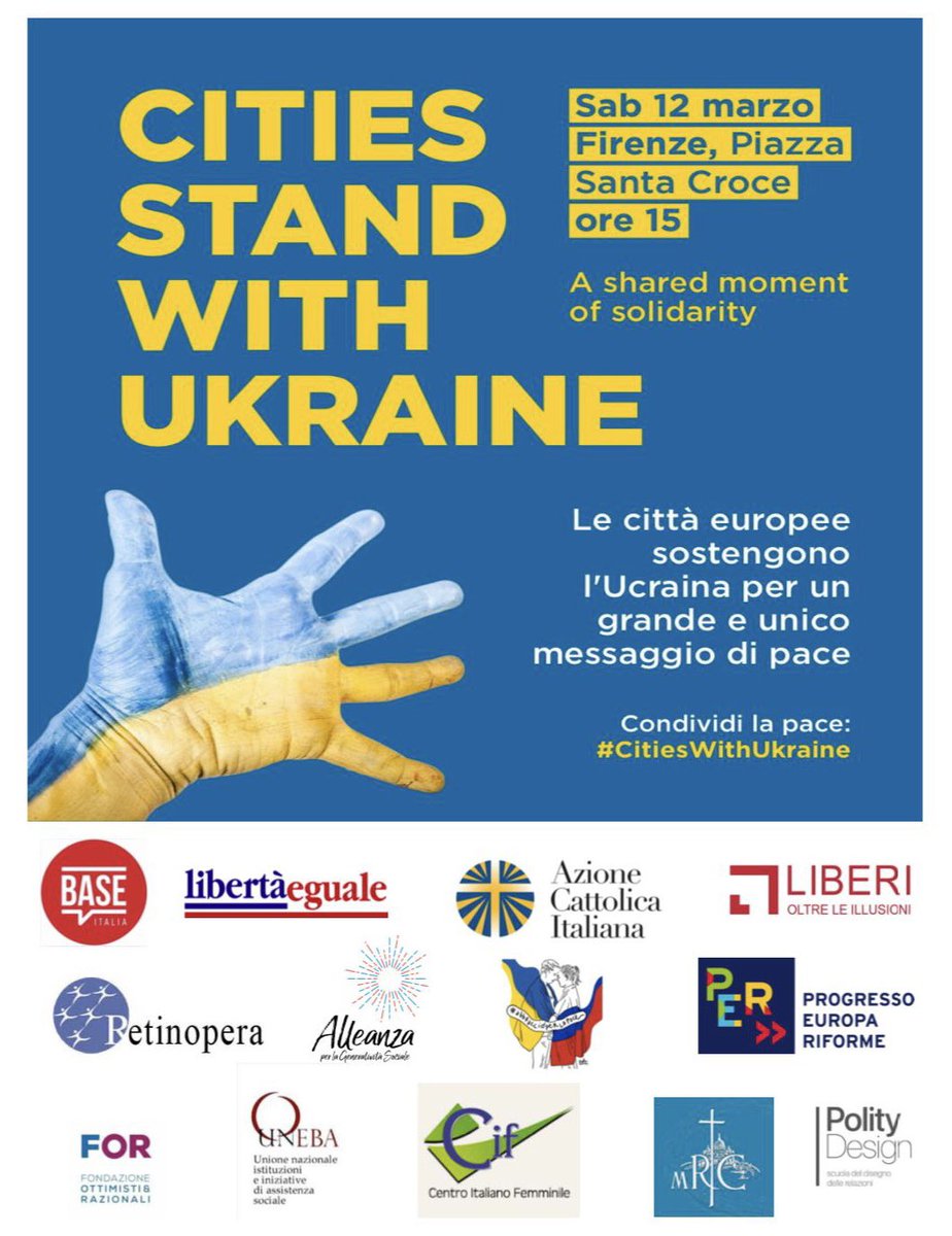Anche l’Ac aderisce a #CitiesWithUkraine! 🇮🇹🇺🇦​
​
Questo pomeriggio saremo a #Firenze, in piazza Santa Croce, per manifestare e chiedere con forza il ritorno alla diplomazia e la fine immediata della guerra in #Ucraina.