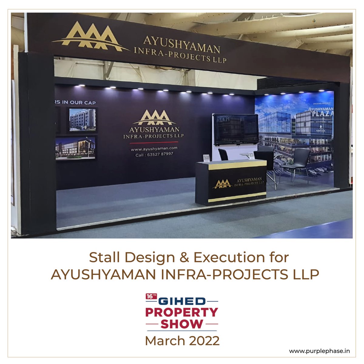 PurplePhaseCom's tweet photo. It was a great experience working with Ayushyaman Infra Projects on their exhibition stall project for Gihed Property Show – Gujarat’s biggest real estate exhibition. Our team worked on end-to-end solutions from creative to creation, planning, ideation, design, and execution. https://t.co/5odijy8ZlC