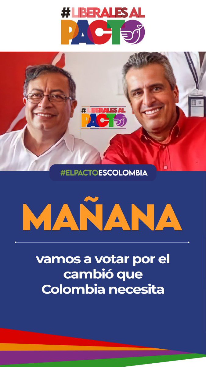 #Mañana #domingo #13DeMarzo es el día para votar por el cambio que #Colombia necesita | ¡Pide el tarjetón de la consulta del #PactoHistórico y vota por #PetroPresidente!
 <a href="/petrogustavo/">Gustavo Petro</a> <a href="/PactoCol/">Pacto Histórico Oficial</a> <a href="/PactoLiberal/">Pacto Liberal Colombia 🇨🇴</a>