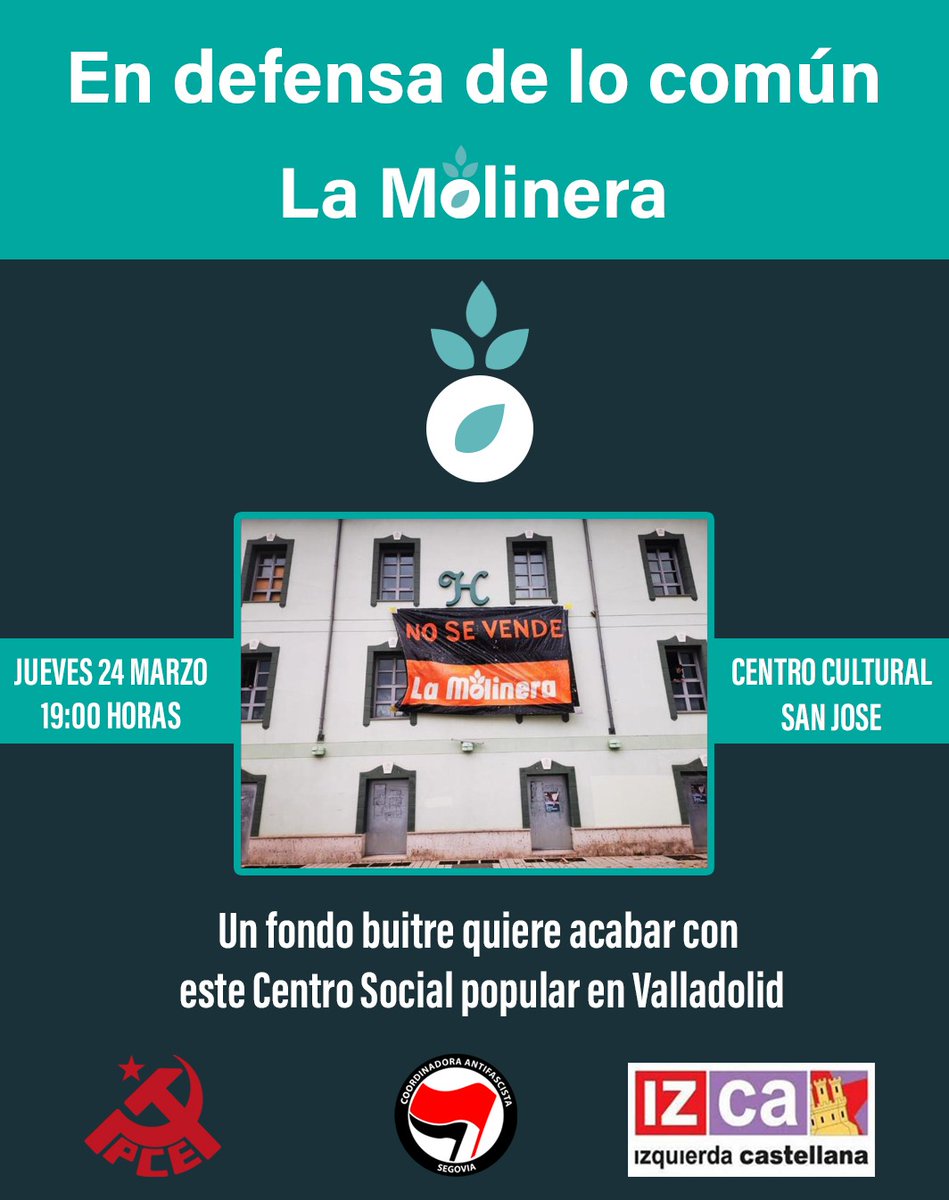 Desde IzCa Segovia, el PCE de Segovia y la coordinadora antifascista de Segovia os invitamos a conocer la experiencia del <a href="/CSO_LaMolinera/">La Molinera</a> en Valladolid.

El jueves 24 a las 19:00