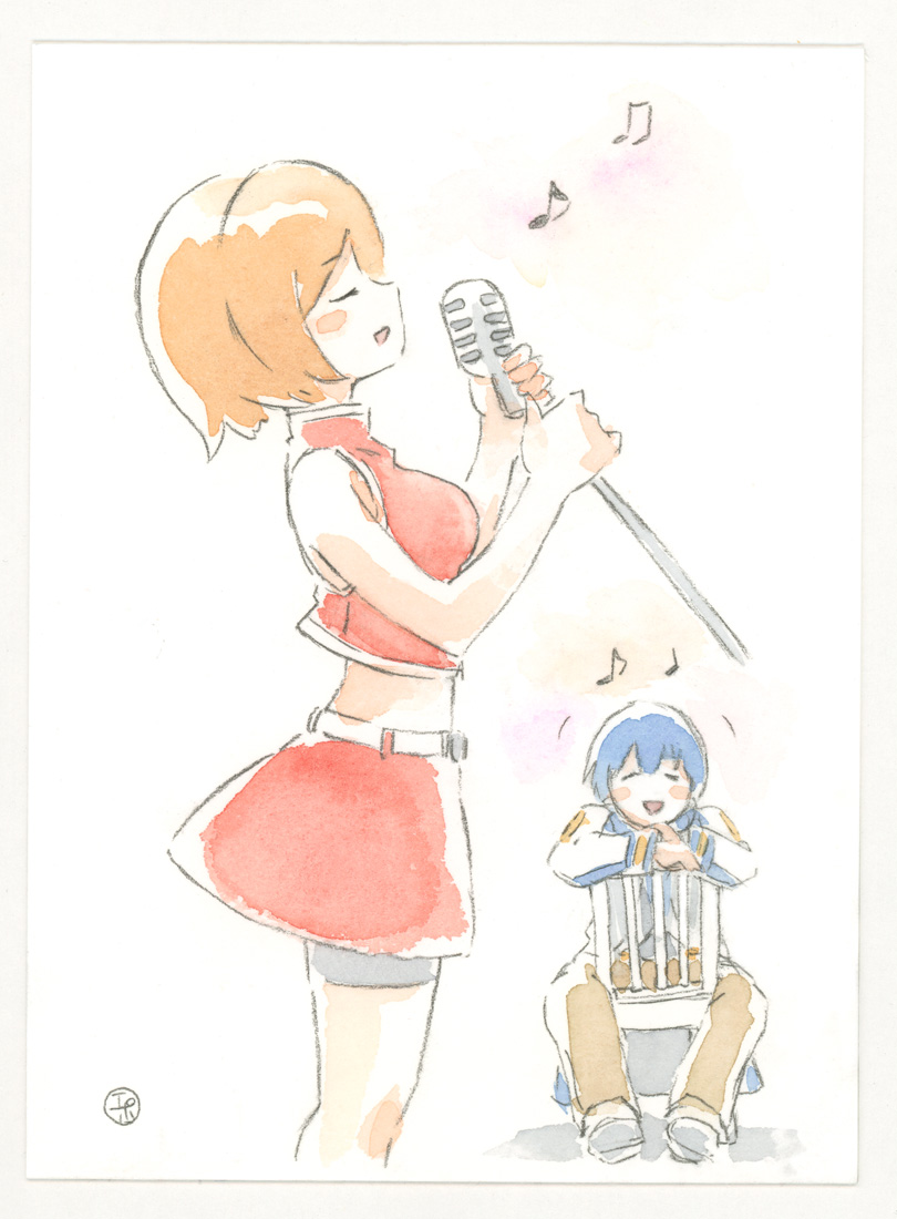 kaito (vocaloid) ,meiko (vocaloid) 1girl 1boy red skirt skirt music musical note blue hair  illustration images