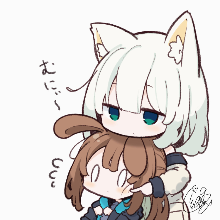 amiya (arknights) ,kal'tsit (arknights) animal ears multiple girls 2girls animal ear fluff brown hair rabbit ears white background  illustration images