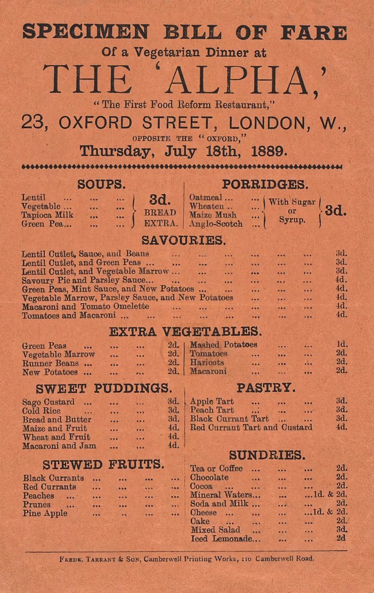 robnitm's tweet photo. Menu for the Alpha vegetarian restaurant on Oxford Street - 1889. In its heyday it served 400 people a day including clerical staff from nearby Crosse and Blackwell. https://t.co/hMJRyDGk3V