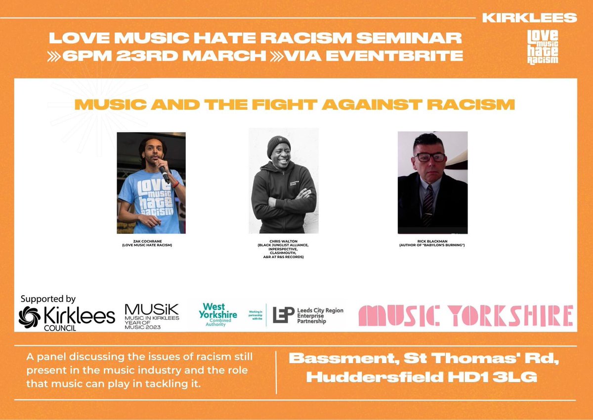 My 2nd collab with #KirkleesYearOfMusic brings #LoveMusicHateRacism #BlackJunglistAlliance and #BabylonsBurning up to the Hudd at BASSment 23rd March. 

INFOS -> facebook.com/events/7462714…  #KirkleesYofM023

Followed by our #RebelMusicTour gig!