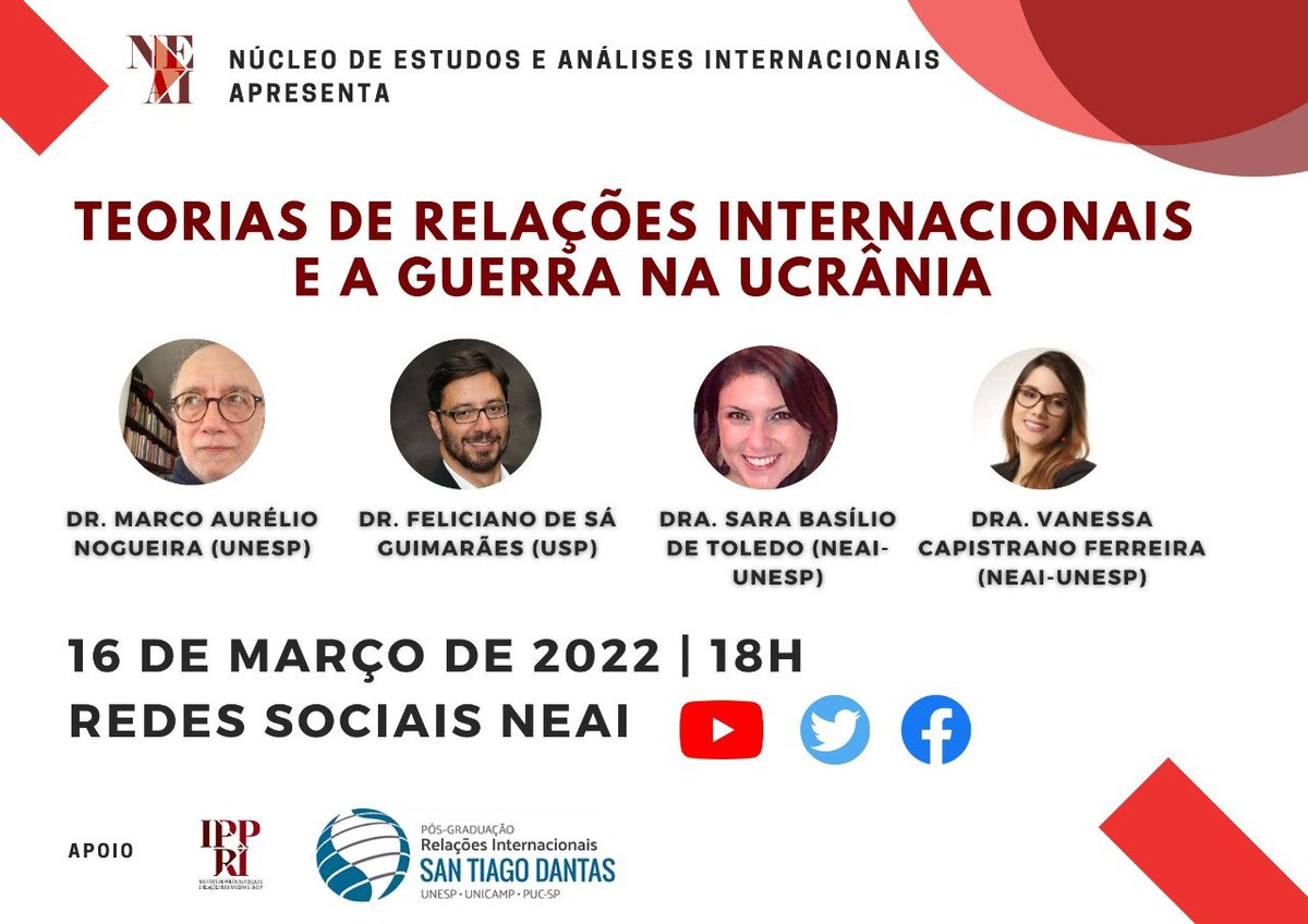 NeaiUnesp's tweet photo. Teorias de Relações Internacionais e a guerra na Ucrânia🇷🇺🇺🇦
 
Acesse nosso canal do YouTube e ative as notificações. O evento também será transmitido pelo Twitter e Facebook. 

#NEAI #NEAIdivulga #ucrania #russia #relacoesinternacionais https://t.co/yUozpaBPJG