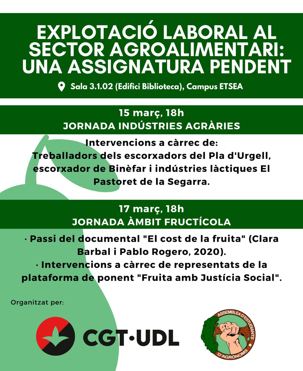 Els dies 15 i 17 de març us hi esperem a totes!
Jornades antiexplotació laboral en l'àmbit agroalimentari (amb l'organització de <a href="/CGTLleida/">CGT Lleida</a> )
📍Ambdues a la sala 3.1.02 (edifici de la biblioteca) del campus d'ETSEA a les 18h.