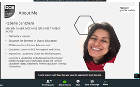 TechUPWomen's tweet photo. Delighted to welcome @RebenaSanghera to our #TechUP Celebration Event for our #SkillsBootcamp in #Data! Rebena is talking to us about preparing to start your first #TechJob. Thank you for joining us, Rebena! #TechUPData @IoCoding @Dr_Black https://t.co/mmEzDXOiAw