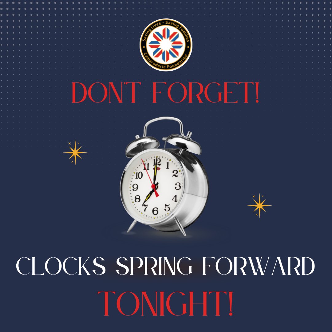 SupportCAM's tweet photo. Don't forget!
👉 Set your clock one hour ahead before you go to bed tonight as we SPRING forward!
#daylightsavings #cam #springforward #loseanhour #moresunlight #camaraderiefoundation #letthesunshinein https://t.co/W452GouXJm