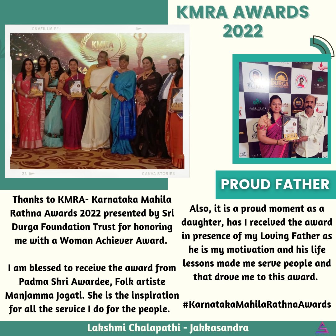 Lakshmi_Chala's tweet photo. Thanks to KMRA- Karnataka Mahila Rathna Awards 2022 presented by Sri Durga Foundation Trust for honoring me with a Woman Achiever Award. 

1/3 https://t.co/6Yc3E9Ufcs