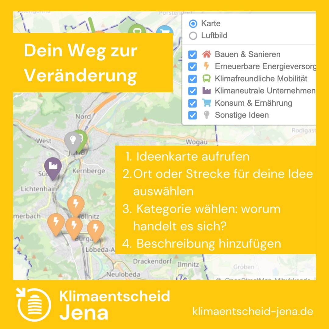 jena_zero's tweet photo. Ab jetzt könnt ihr euch ganz einfach und bequem von zu Hause aus an der Vision des zukünftigen, klimaneutralen, Jena beteiligen! Dafür gibt es eine Online-Ideenkarte, auf der ihr Stellen oder Strecken markieren könnt, für die ihr Ideen habt:
https://t.co/24KN0877JI https://t.co/expnGOnAAn