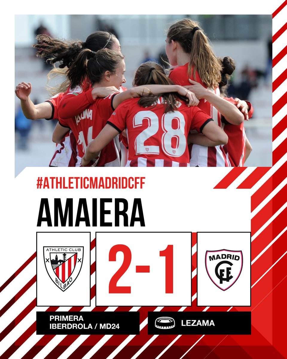 AMAIERA I FINAL

Los zarpazos al filo del descanso de <a href="/AneAzkona/">Ane Urdaniz Azkona</a> y <a href="/CorresYulema/">Yulema Corres</a> sirven para que las leonas se reencuentren con la victoria y sumen tres nuevos puntos en la <a href="/PrimerIberdrola/">Primera Iberdrola</a> 

Ondo, neskak!

#AthleticMadridCFF #AthleticClubFem 🦁