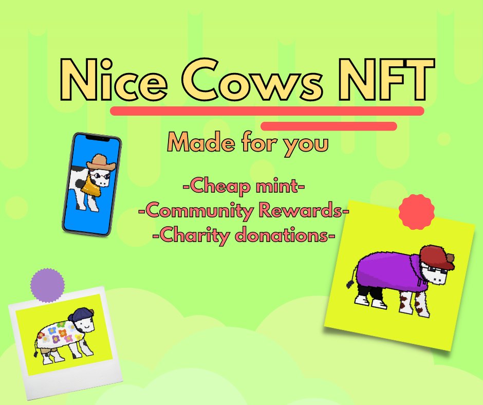 CowsNice's tweet photo. We are a great option for upcoming mints 🌻

-Cheap
-Charity donations
-Community rewards 

What are you waiting for? Follow, Like and RT ❤️
#NFT #NFTs #NFTCommunity https://t.co/iCWZrE47Ev