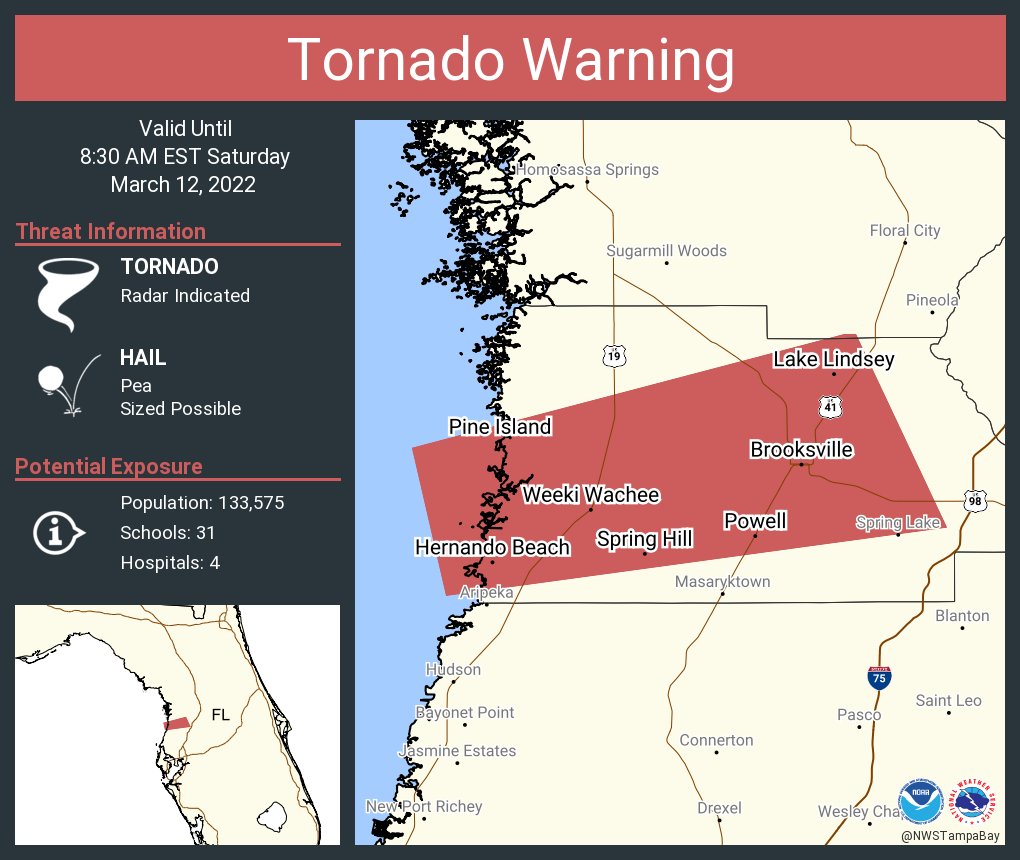 NWS Tampa Bay on Twitter "Tornado Warning including Spring Hill FL, Brooksville FL, Hernando