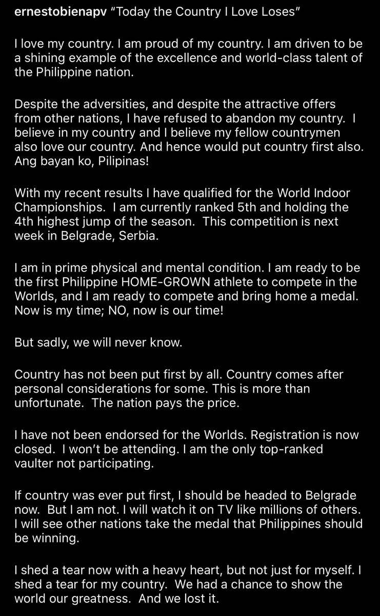 gretchenho's tweet photo. “Today the country I love loses”

World-ranked #5 EJ Obiena will not be able to compete in the World Indoor Championships next week due to non-endorsement of PATAFA.

When politics comes first, the athlete loses. How many yrs til we find another generational talent like Obiena? https://t.co/pDIeimv9Uk