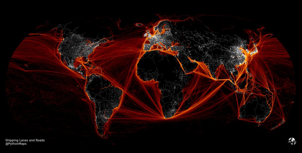 A bit of fun. Here is a map combining the worlds shipping lanes and the main roads on one map! Think of it like a global supply chains map!
Made with #Python using #matplotlib and #Numpy. #DataScience #DataVisualization #Map #shipping #Geography #dataviz #data #DataScientist