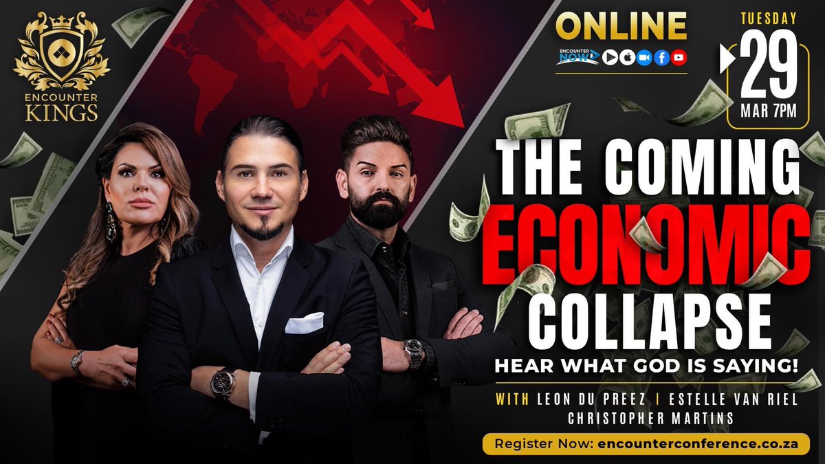 leondupreez's tweet photo. The COMING Economic collapse‼️😱

Join Leon du Preez, Christopher Martins, and Estelle van Riel ONLINE for a POWERFUL Conference regarding the Coming Economic Collapse, but more importantly what God is saying! 

Register NOW‼️
https://t.co/jYzIxywkI8 https://t.co/jB88MMJLhx