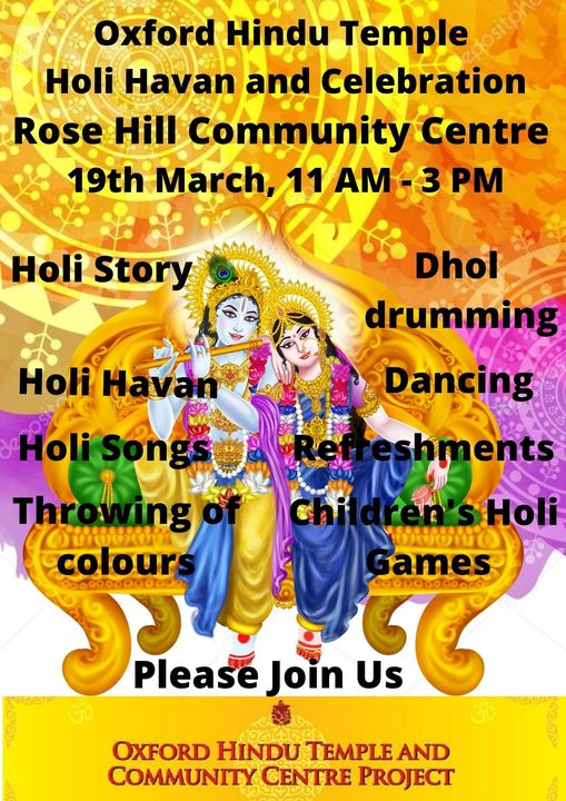 Please join us next Saturday, 19th March at Rose Hill Community Centre, Carole’s Way, Oxford OX4 4HF, to celebrate Holi together. This is a free family event open to all. Please spread the word and come join us. #Oxford #oxfordshire #Holi #hindu
