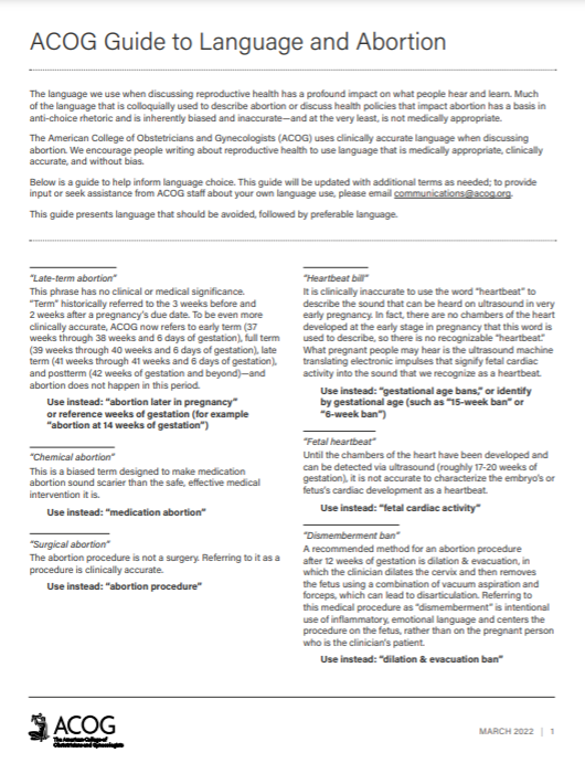 ACOGAction's tweet photo. When discussing #ReproHealth, abortion or policies that impact abortion, avoid language that's inherently biased, inaccurate, or not medically appropriate. @ACOG's guide helps inform the use of medically appropriate, clinically accurate, unbiased language: https://t.co/NKaqd4fBlz https://t.co/BPEJGIzJNy