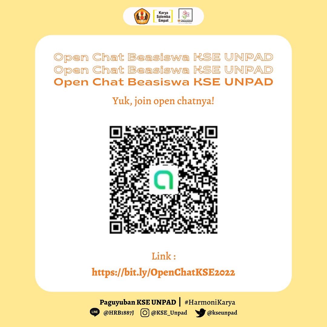 KSEunpad's tweet photo. [Open Chat Beasiswa KSE Unpad!]
Sampurasun warga Unpad!
Masih bingung tentang beasiswa KSE Unpad? Masih punya banyak pertanyaan tapi gatau tanya ke mana?
Jangan bingung! karena KSE Unpad menyediakan layanan Open Chat loh!
 
Yuk buruan join Open Chat Beasiswa KSE Unpad! https://t.co/d2mdwZM4mc