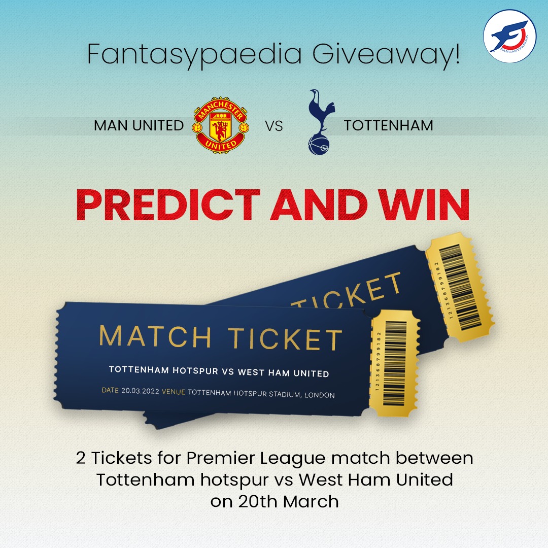 Fantasypaedia is doing a Giveaway for Man United vs Spurs!

Winner gets 2 Match Tickets for Spurs vs West Ham on 20th March.

You need to:

1) Follow <a href="/Fantasypaedia/">Fantasypaedia</a>

2) Reply to this tweet &amp; predict the exact minute in which the 1st goal will be scored in MUN vs TOT

3) Retweet