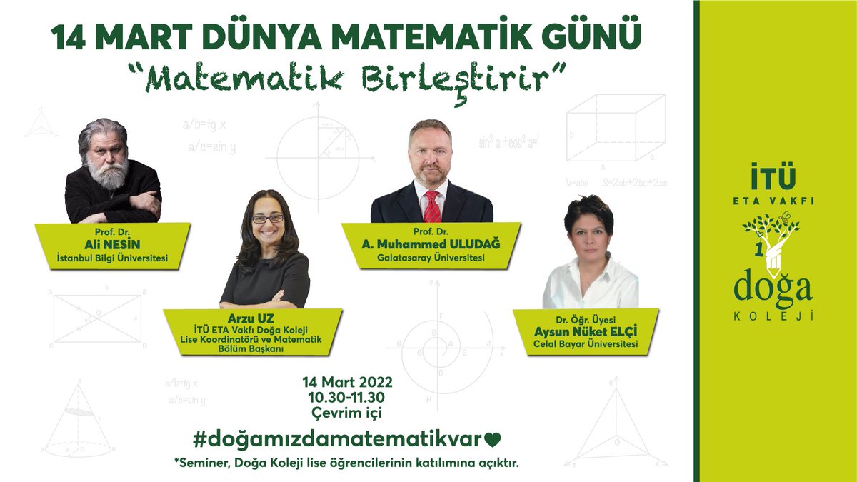DogaOkullari's tweet photo. -Matematik Birleştirir-
14 Mart Dünya Matematik Günü'nünde alanında uzman akademisyenlerle bir araya geliyoruz. #doğamızdamatematikvar https://t.co/yGrJSSAsvg