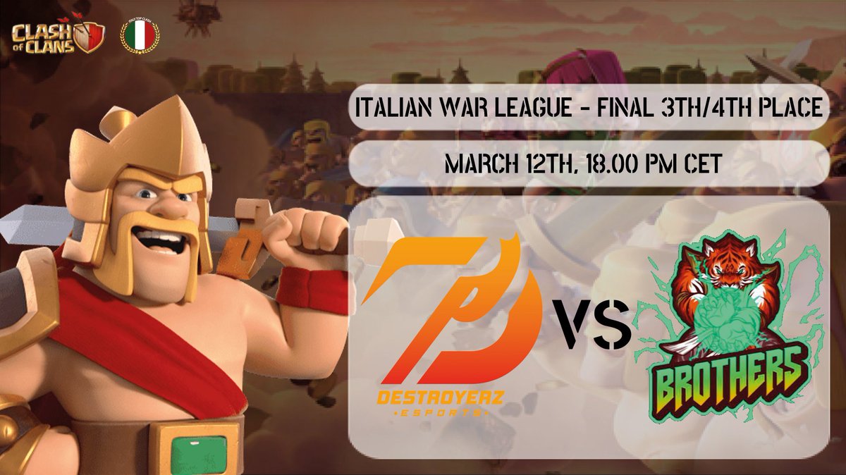📺 Live 18.00 CET! - FINAL 3TH/4TH PLACE

<a href="/Destroyerz_eSp/">Destroyerz eSports</a> 🆚️ <a href="/BrothersCOC10/">Brothers Alliance Official</a>

🇮🇹 <a href="/Marco22_Gamer/">Marco22_Gamer</a>
twitch.tv/marco22_gamer