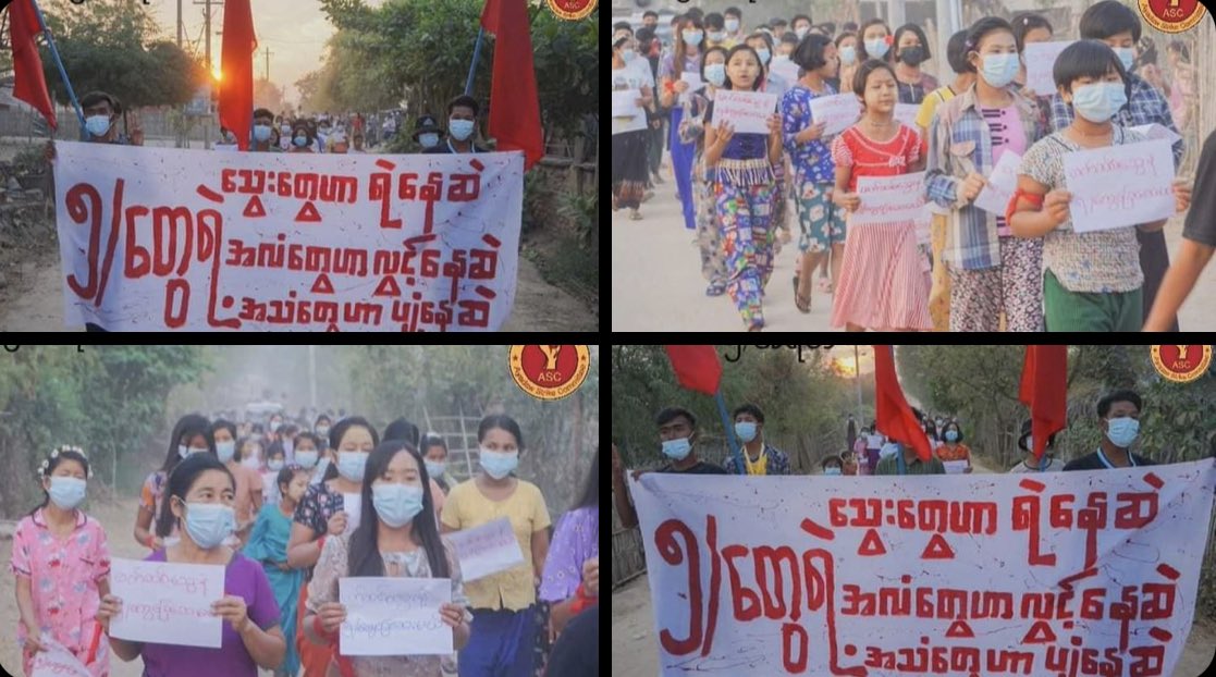 ZawWin35334's tweet photo. Anti-Coup Protestors at Ayadaw marching in unison, unrelentingly even though suppressed by Terrorists.  #VillagesBurntDownByJunta #2022Mar12Coup #WhatsHappeningInMyanmar https://t.co/RreXnhORU1